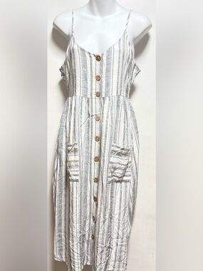 Roxy White and Light Gray Striped Button-Front Sundress